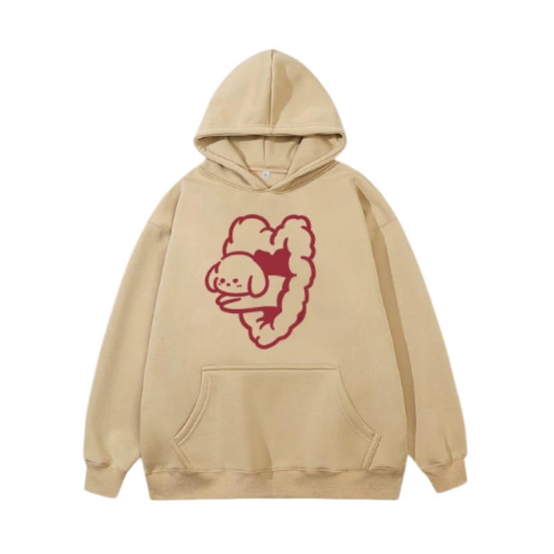 Khaki Hoodie with Heart-Patterned Puppy Graphic